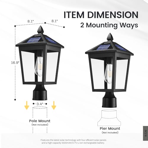 Image of zeyu 17 Inch Solar Outdoor Post Light, Outdoor Lamp Post Light Fixture with Remote, Die-Cast Aluminum with Clear Glass Shade, Black Finish, ZYX115P-SL BK