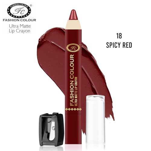 Image of FASHION COLOUR Ultra Matte Lip Crayons With Free Sharpener | Smudge Proof And Waterproof | For Hydration And Moisturization | Long Lasting Lipwear with Matte Finish, Cruelty-free and Paraben-free - 2.5 gm(Spicy Red)