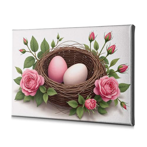 Impression sur toile œufs de Pâques et roses, tableau haut de gamme pour salle de bain
