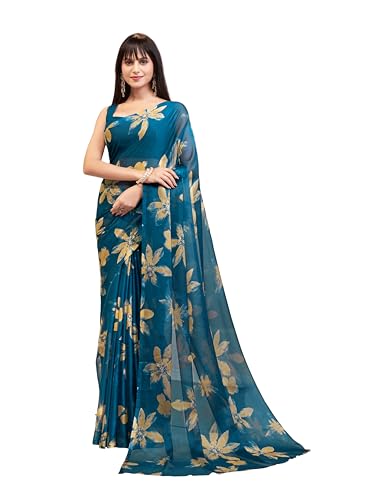 Garden Vareli Women Floral Print Nara Chiffon Saree 59599 - Teal