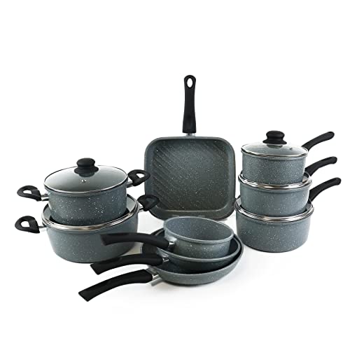 URBN-Chef 9pc Forged Carbon Steel Marble Grey Pots Pans Frying Pan Cookware Set