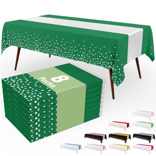 Image of Smiry Plastic Table Cloth Disposable 8 Pack, 54 x 108 Inch Rectangle Waterproof Tablecloth, Printed Gold Table Runner Style for Birthday Weeding, Party Decorations, Sturdy, White and Christmas Green