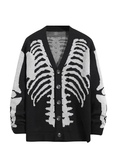 SHENHE Women's Skeleton Print V Neck Button Down Goth Cardigan Grunge Loose Fit Sweater Coat