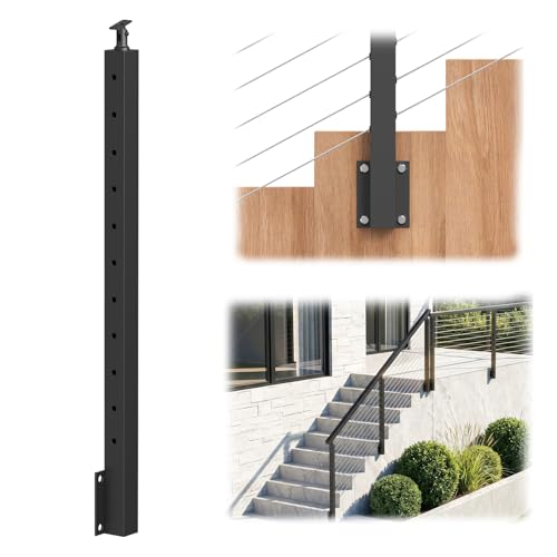 Image of BLIKA 1 Pack 36 inch Side Mount Stair Cable Railing Post for 25-35 Degrees Stair, Stainless Steel, Right Side Fascia Mount Stair Railing Post for Cable Railing Kit, Black Powder Coated Side Mount Post
