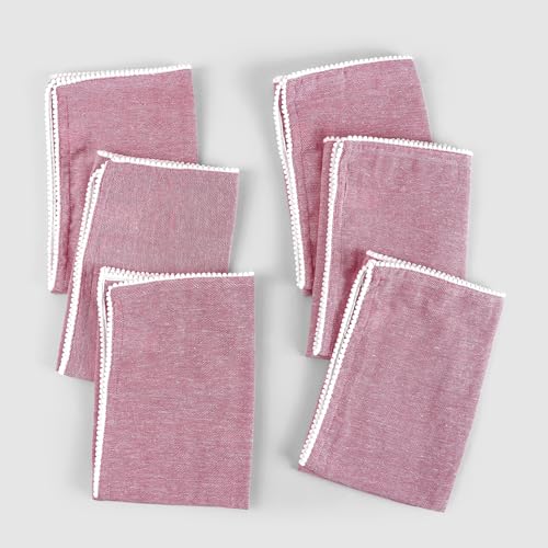 FINGERCRAFT Cloth Napkins, Pom Pom Lace, 20x20 Inch, 6 Pack Rose/White