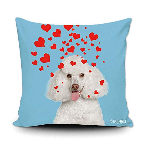 Bageyou Dog's Love To You Throw Pillow Cover White Poodle Hound Blowing Kisses Love Hearts Decor Home Blue Canvas Pet Pillow Case 18X18 Inch #TOP8