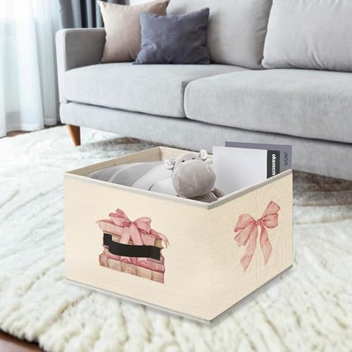 Image of Coquette Pink Bow Book Storage Bins, Preppy Aesthetic Bookish Collapsible Fabric Storage Basket Organizer for Clothes Toys Books Girls Room Dorm Bedroom