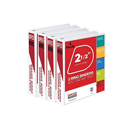 3 Ring Binder, Professional Slant D Ring Binder 2.5 Inch, Presentation Folder for Standard Pages 8.5 x 11 with Pockets, Crystal Clear View White Binder (4 Pack)