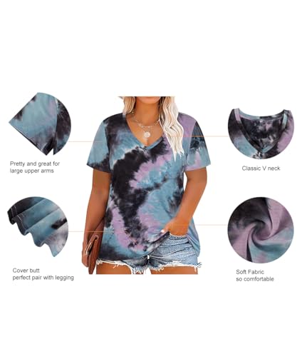 Image of RITERA Women Plus Size Tops Tie Dye V Neck Shirt Floral Camo Summer Short Sleeve Tunic Oversized Ladies Blouse XL-5XL