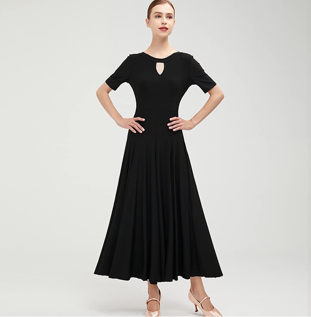 Women's Ballroom Dance Dress Half Sleeve Long Swing Skirt Professional Competition Modern Waltz Cha Cha Dress(Black,S)