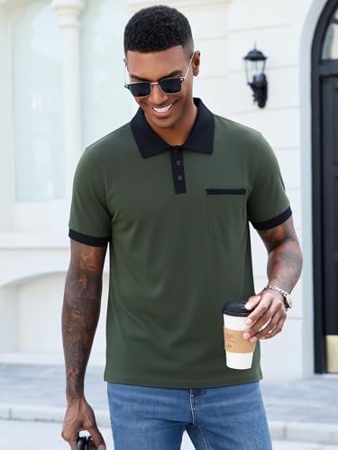 Image of Men's Casual Polo Shirts Summer Short Sleeve Contrast Collar Buttoned Tee Polo Shirt with Pocket