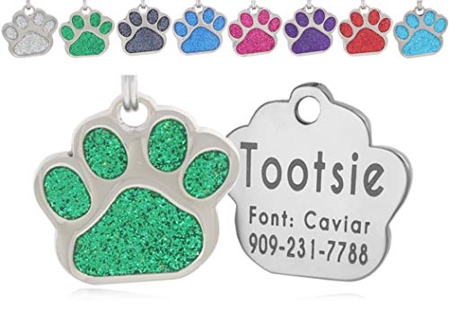 custom dog id tags - io tags Pet ID Tags, Personalized Dog Tags and Cat Tags, Custom Engraved, Easy to Read, Cute Glitter Paw Pet Tag (Green)