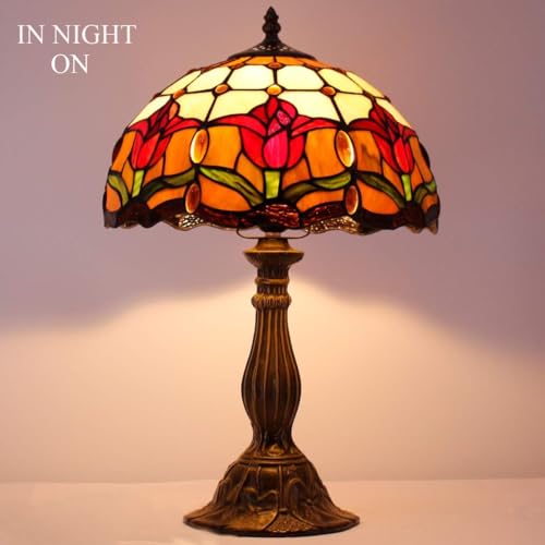 Image of WERFACTORY Tiffany Table Lamp Stained Glass Style Tulip Flower Bedside Reading Desk Light 12X12X18 Inches Decor Bedroom Living Room Home Office S030 Series