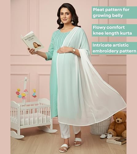 Image of DUMMY SHAPE Feeding Dresses for Women Full Set | Cotton Blend Floral Embroidered Kurta Pant Dupatta Suit with Nursing Zippers to Pre & Post Pregnancy | Gift for Pregnant Woman
