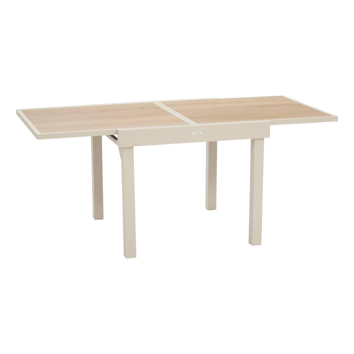 Hespéride - Table de Jardin Extensible Piazza Argile - 8 Places - Aluminium Traité Epoxy Antirouille - Plateau Verre Trempé Effet Bois - Meuble d'Extérieur à Rallonge Coulissante