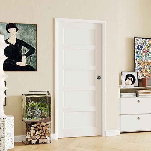 Image of 30 inch x 80 inch Slab Door, 5-Panel Pantry Wood Door with Black Door Knob, Interior Single Door Panel for Closet & Bedroom, Classic Style as Prehung, Pocket, Bifold, Barn Doors
