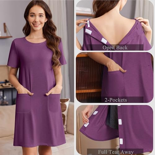 Image of Deyeek Open Back Hospital Gowns for Women Tear Away Short Sleeve Post Surgery Soft Nightgowns for Elderly Women with Pocket