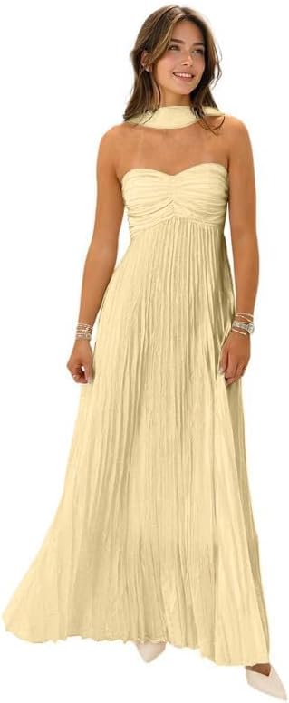 Womens Chiffon Bridesmaid Dresses with Scarf Long Strapless Prom Dresses 2025 Pleated Wedding Guest Dress B21