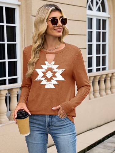 Binshre Cowboy Chic Keyhole Sexy V Neck Country Music Tops for Women Vintage Aztec Western Cowgirl Shirts Casual Long Sleeve Graphic Tees — view 5
