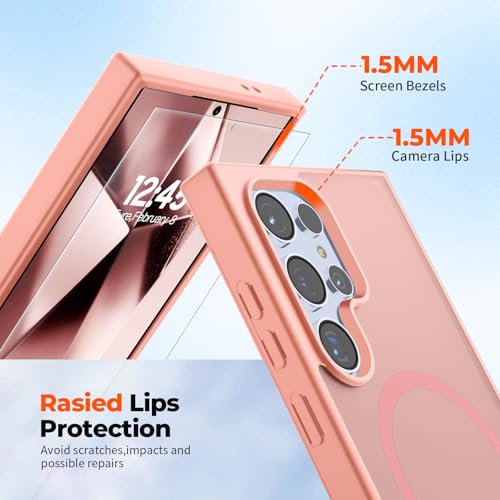 Image of SUPFINE Magnetic for Samsung Galaxy S24 Ultra Case with Screen Protector, (Built-in Magnets) (Military Grade Drop Protection) Slim Translucent Shockproof Phone Case,Light Pink