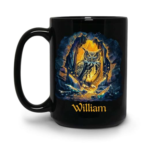 Charming Owl In A Crystal Cave Design On Black Mug, Personalized Name Animal Lover Coffee Mug, Custo