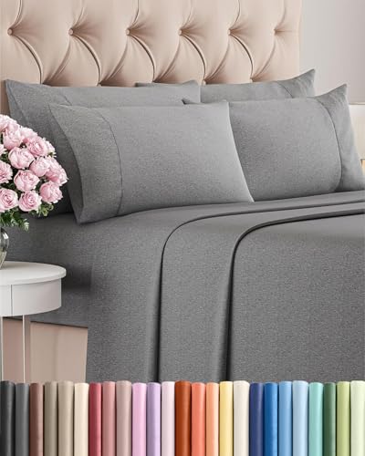Image of Cal King 6 Piece Bed Sheet Set - Soft & Cooling Sheets - Heathered Grey | Ultra-Soft Hotel Luxury Bedding Set with 8-16 Inch Deep Pockets, 1 Flat & 1 Fitted Sheet & 4 Pillowcases, Wrinkle & Fade Free