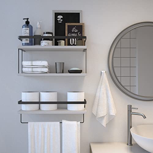 Richer House 2+1 Tier Wall Mounted Floating Shelves Set Of 2, Rustic Wood Wall Shelf With Metal Frame, Extra Storage Rack For Bathroom, Kitchen, Bedroom With Tissue Rack & Towel Bar - White #TOP3