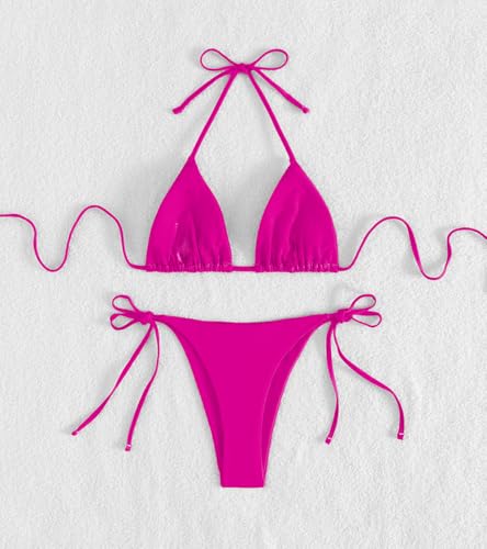Image of Tainehs Women's Sexy Halter Thong Bikini Tie Two Sides Bottom Triangle Bikini Swimsuits