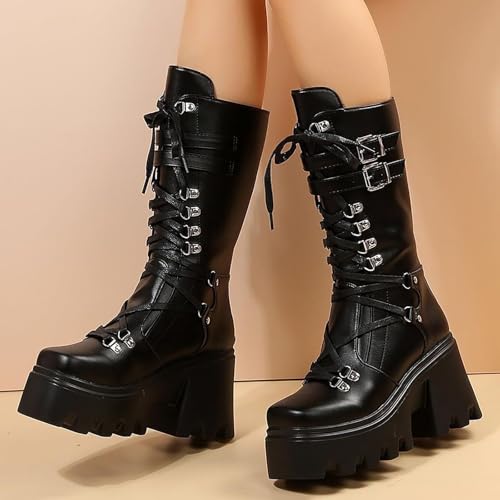 SACFOF Women's Goth Platform Knee High Boots Buckles Platform Zipper Motorcycle Punk Combat Boots Comfy Gothic Riding Booties2