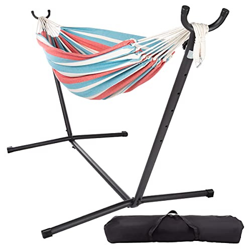Double Brazilian Hammock With Stand Included – Woven Cotton, 2-Person, Outdoor Swing With Frame For Camping, Backyard, Or Patio By Pure Garden (Blue, Red & Tan) #TOP12