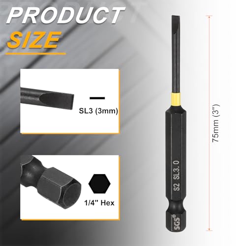HARFINGTON 5pcs SL3 Slotted Impact Screwdriver Bits 3mm Slotted Tip 1/4" Hex Shank 75mm (3") Long Magnetic Flat Head Phosphated S2 Steel Screw Driver Drill Bits Electric Power Tool by HARFINGTON - Used condition - Image 2