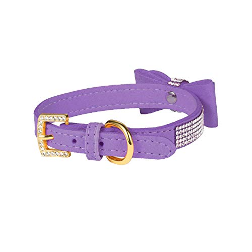 Lovpe Crystal Dog Collar/Cat Collar Velvet Leather With Bow-Knot Tie Rhinestone Puppy/Kitten Collars For Small Dogs & Cats (Xs(Neck For:8-10 Inch), Purple) #TOP6