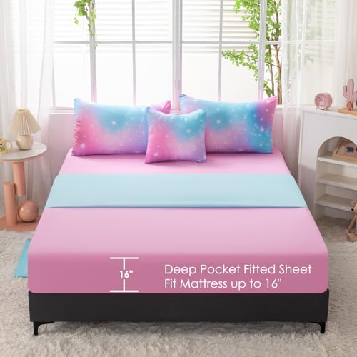 Image of 6 Pcs Glitter Bed in A Bag Full Size Rainbow Galaxy Bedding Comforter Set with Sheets Tie Dye Pink Teal Bubble Heart Print Kids Bed Set (Bubble Heart, Full)