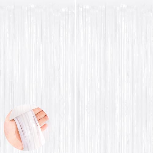 Image of UWPVOWSR White Fringe Curtain Party Streamers 2Pack 3.3 x 8.3 Ft Foil Fringe Backdrop Curtains for Birthday Wedding Bridal Baby Shower, Holiday Tinsel Streamers White Party Decorations Door Streamers