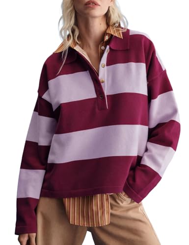 Wyeysyt Polo Sweater Women Rugby Shirt Striped Collared Sweaters,WinePink,M