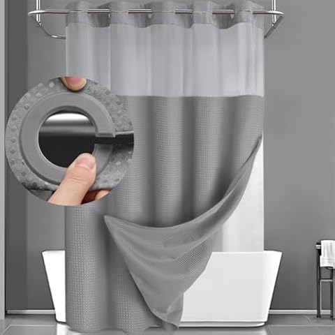 YellyHommy No Hook Shower Curtain with Snap in Liner Set Less Time Grey Waffle Shower Curtain for Bathroom 75" L x 72" W Gray Cover