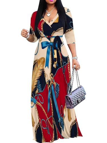Image of PinkPatty Women's Long Sleeve Maxi Dress Plus Size Trendy Wedding Guest Wrap Dress with Pockets&Belt