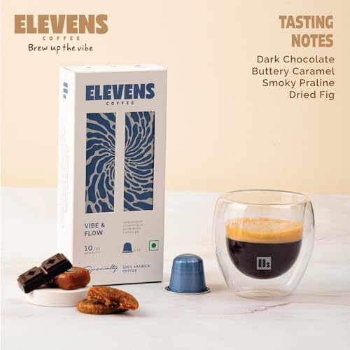 Image of ELEVENS COFFEE | Vibe & Flow | Specialty Coffee Capsules | 100% Arabica | Dark Roast | Intensity 10 | Compatible with Nespresso (11 Count (Pack of 1))