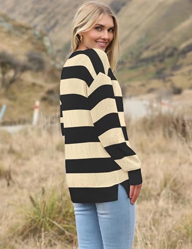 Image of Zeagoo Women 2026 Fall Lightweight Oversized Sweater Crew Neck Long Sleeve Color Block Pullover Rib Knit Blouse Tops XS-2XL