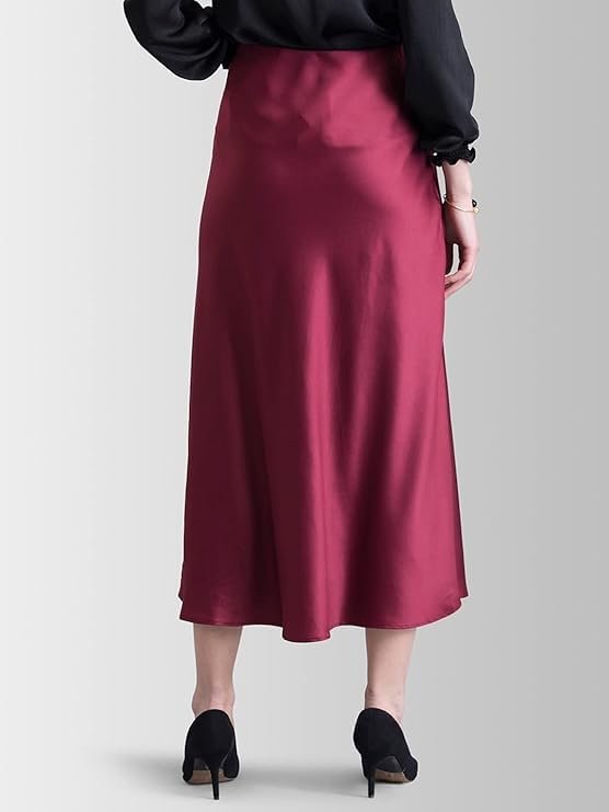 Image of FableStreet Women's Polyester Satin Elasticated A Line Midi Skirt (Maroon) (28) (SK060MRON-28)