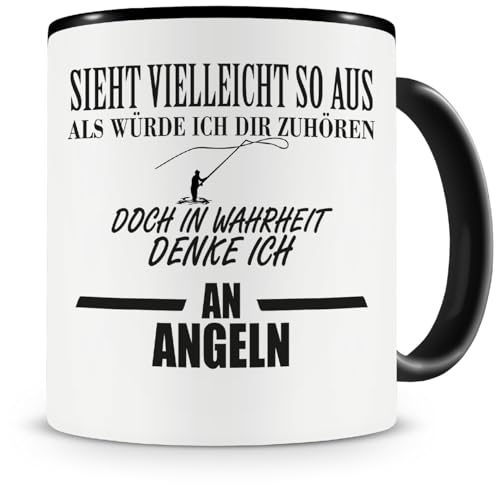 Samunshi® Ich denke an Angeln Tasse Kaffeetasse Teetasse Kaffeepott Kaffeebecher Becher H:95mm/D:82mm schwarz