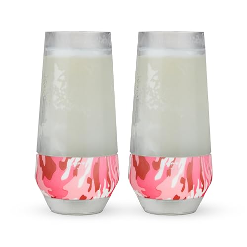 Image of HOST Champagne Freeze Double-Walled Stemless Wine Glasses Freezer Cooling Cups with Active Cooling Gel and Insulated Silicone Grip, 9 Oz Plastic Tumblers, Pink Camo, Set of 2
