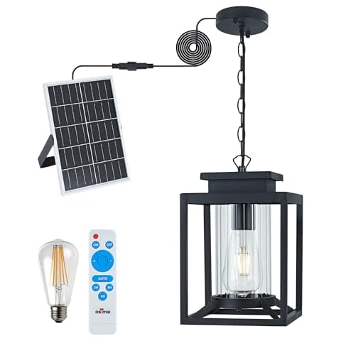 Osimir Solar Outdoor Pendant Light, Dusk to Dawn Exterior Hanging Porch Light with Adjustable Chain and Remote Control, Black Outdoor Chandelier with Clear Glass for Gazebo House, 2353-1HS Cover