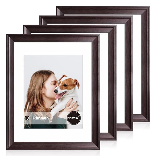 Image of iRahmen 11x14 Vintage Picture Frame with Mat 8x10 - High Definition Tempered Glass Wooden Photo Frames for Wall Mounting (Dark Brown, Set of 4)