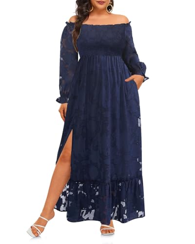 Plus Size Summer Dresses Sun - Maxi Boho Casual Off Shoulder Floral Lace Long Dress with Pockets