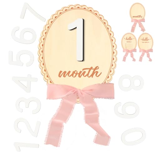Colingmill 2 Pcs Monthly Baby Milestone Signs Cards with Pink Bow Wooden Coquette Discs Newborn Photography Props to Document Your Baby's Growth 1-12 Newborn Gift for Girl and Boy(Oval)