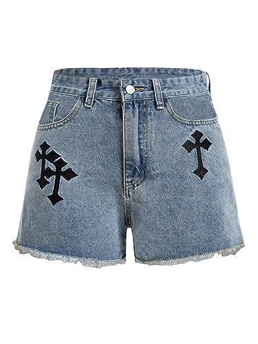 WDIRARA Women's Cross Embroidery Raw Hem Straight Leg Distressed Casual Denim Shorts Light Wash S