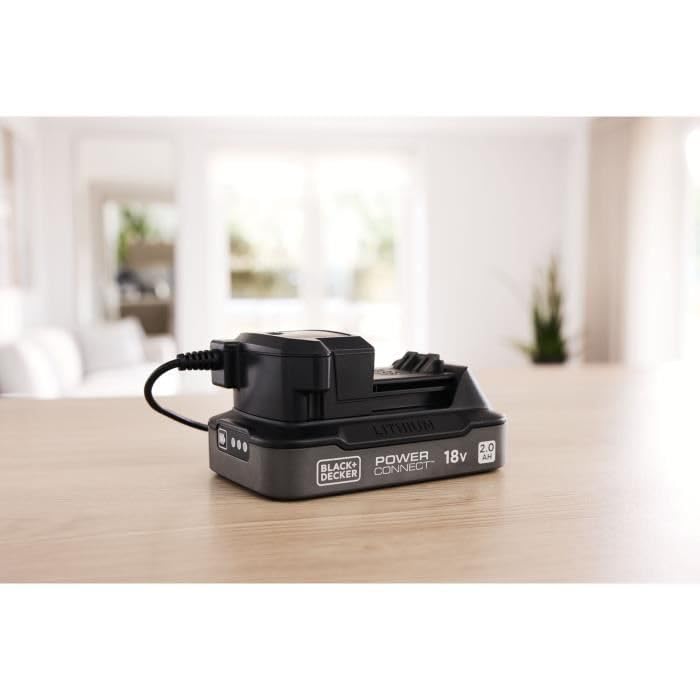 BLACK+DECKER POWERCONNECT 18V Batería de 2.0 Ah + 1A cargador rápido Negro, Batería de litio con indicador de estado de carga