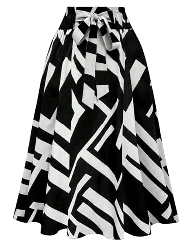 SHENHE Women's Elegant Bow Tie Geo Print Long Skirts Elastic High Waist A Line Flowy Swing Midi Skirt