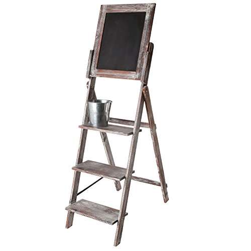 MyGift Decorative Torched Wood Easel Style Chalkboard Stand with 3 Tier Display Shelves
